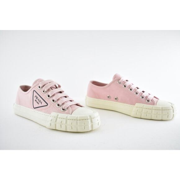 Prada Wheel Canvas Pesco Pink Logo Lace Up Tie Flat Low Top Trainer Sneaker 37 - Picture 4 of 12